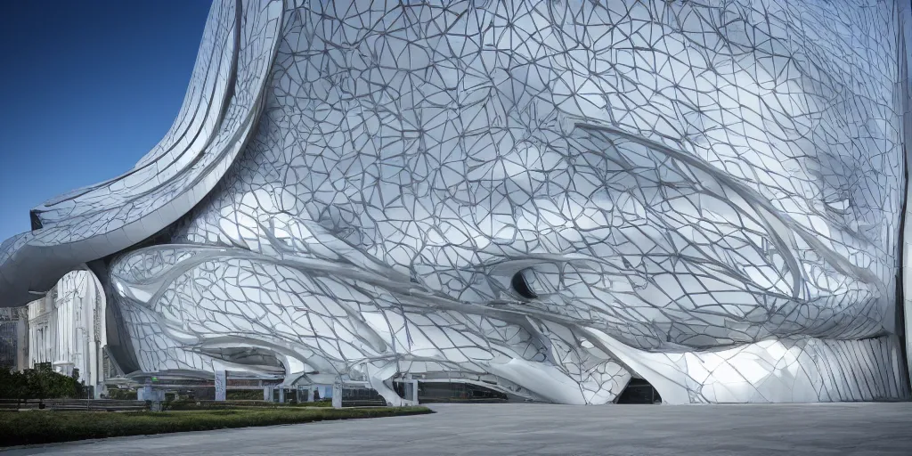 Image similar to extremely detailed ornate stunning beautiful elegant futuristic museum exterior by Zaha Hadid