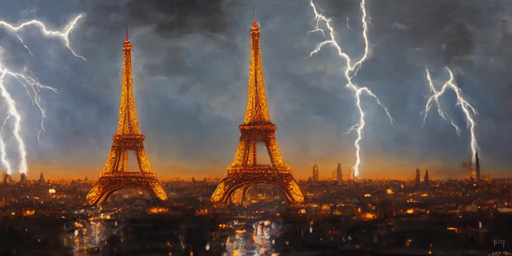 Image similar to lightning striking the Eiffel tower , cinematic lighting, detailed oil painting, hyperrealistic, 8k