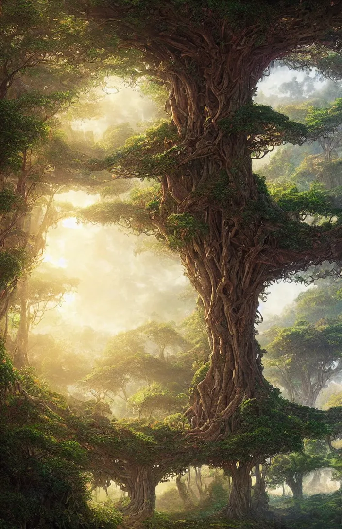 Prompt: beautiful hyper realistic detailed matte painting of fantasy tree of life in garden of eden, hdr, by Moebius and John Howe and Albert Bierstadt and Alena Aenami, ultra detailed, high resolution