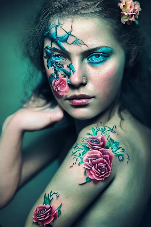 Prompt: hyperrealistic hyper detailed close-up portrait of woman covered in rococo flower tattoos matte painting concept art key sage very dramatic dark teal lighting low angle hd sharp 35mm shallow depth of field 8k