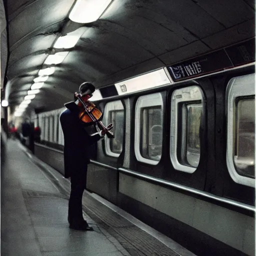 Image similar to photo, violin player, london underground, 5 0 mm f / 1. 4, cinestill 8 0 0,