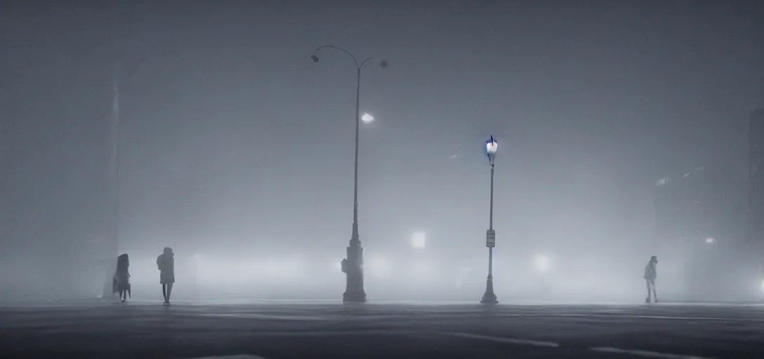 Image similar to a duck battling a humanoid megastructure street lamp, fog, cinematic shot, still from a movie by bong joon - ho