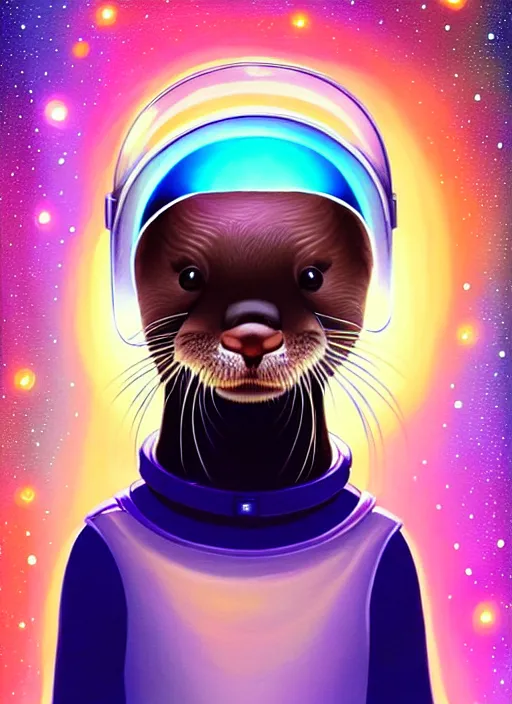 Prompt: a portrait of a cute otter with a space helmet, swimming through a colorful galaxy!!!!!!!!!!!, detailed, artstation, art by rhads and miyazaki