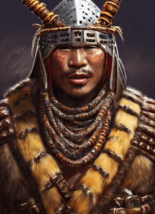 Image similar to tai warlord, portrait, historical, ethnic group, traditional costume, leather armor, fantasy, intricate, with dong son bronze artifacts, beads cross onbare chest, elegant, loin cloth, highly detailed, oill painting, artstation, concept art, matte, sharp focus, illustration, hearthstone, art by earl norem