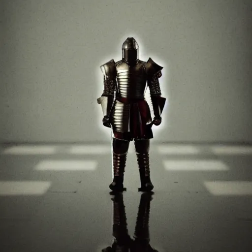 Image similar to a knight standing in a grocery store aisle, 35mm film grain, bokeh, octane render, hyperdetailed, realistic, studio lighting, film still