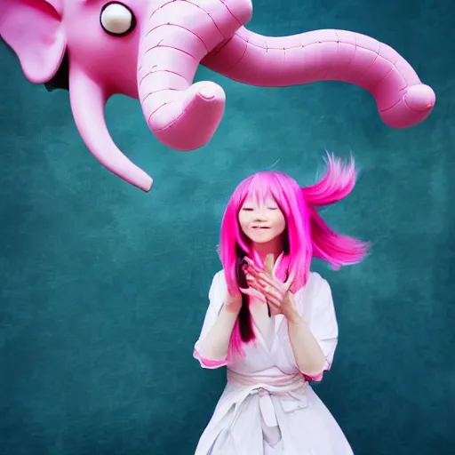 Prompt: ”Japanese anime girl, pink hair with two huge elephant ears, action shot, by Kurahana Chinatsu”