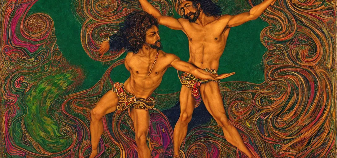 Prompt: an abstract spiritual background, portrait of a multiracial greek god dancing ecstatically, green eyes. 2 4 mm, photorealistic, muted color scheme, directed by mati klarwein and mat collishaw