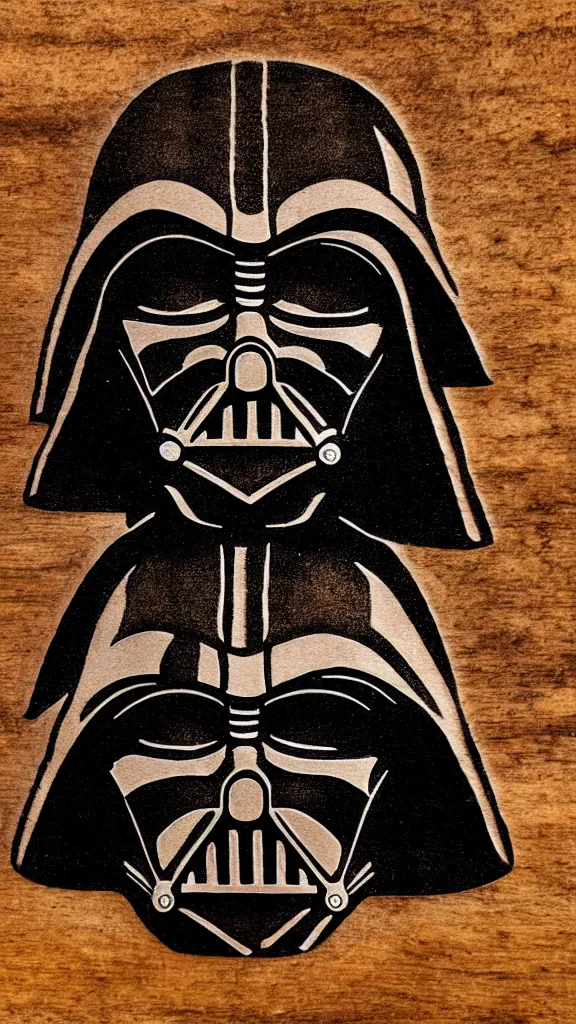 Prompt: a portrait of darth vader, in an action pose, burned into a slice of a log. in the style of a wood burned etching. color harmony, 8 k detail, gallery quality, hd wallpaper, premium prints available, hyper - detailed, intricate design.