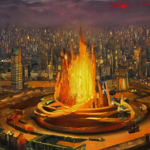 Image similar to an oil painting of a oil being worshipped my millions in Dhaka city, concept art