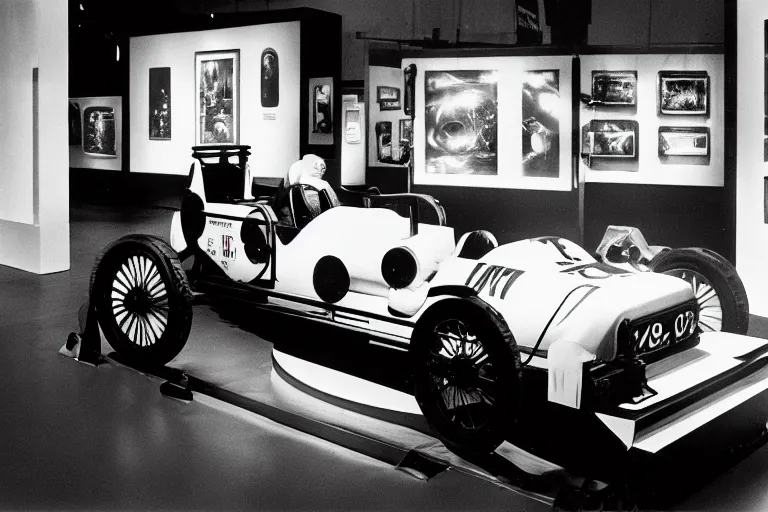 Image similar to cyberpunk 1 9 0 3 stanley steamer racecar, volumetric lighting, in a museum, museum exhibit, museum lighting, 9 0 s film photo