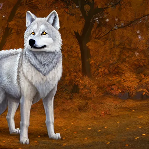 Image similar to professional stylized digital art of a full - body profile of a cream tibetan wolf, tan and light brown accents, fluffy, falling leaves, hd, 8 k, highly detailed, high quality, cute