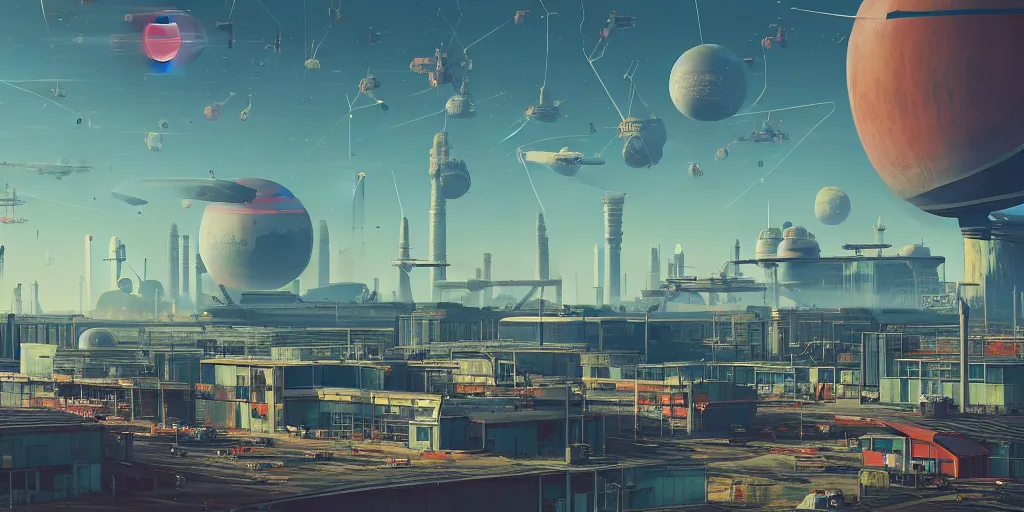 Image similar to a beautiful realistic photo of a dystopian world with factories in the background, synthetic retro vibes, peaceful sea by simon staylenhag, no mans sky, spaceship, x-wing, star wars, planets in background, ivy on the buildings, high depth of field, architecture, ricardo bofill architecture, vray, unreal engine 5, Trending on artstation