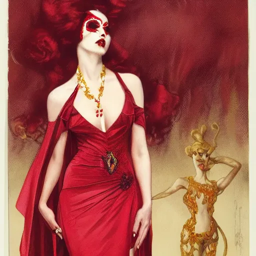 Prompt: an ultra - realistic portrait of a vampire queen in an ostentatiously beautiful blood red dress with gold trim and a long leg slit, 4 k, a masquerade ball in the background with other guests out of focus, sharp focus, detailed face, art by john collier and albert aublet and krenz cushart and artem demura and alphonse mucha