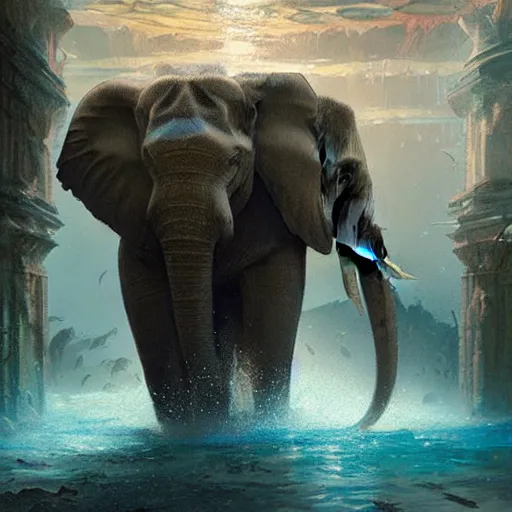 Image similar to an elephant discovering the lost city of atlantis,digital art,detailed,ultra realistic,art by greg rutkowski