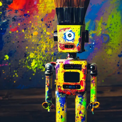 Image similar to a photograph of a robot holding a paintbrush, paint splatters everywhere, it looks in the camera, 50mm