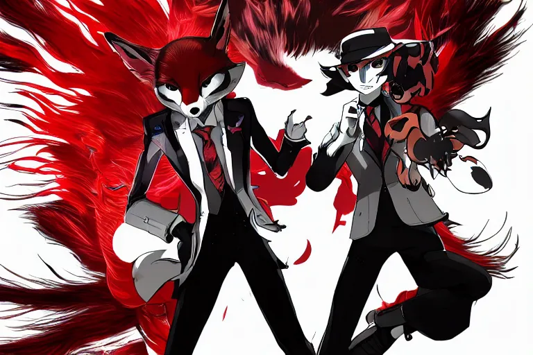 Image similar to a furry tan male fox on a persona 5 : royal ( by atlus ) video game splash screen, a furry male sandcolored tan fox fursona ( has hair ), persona 5 phantom thief style