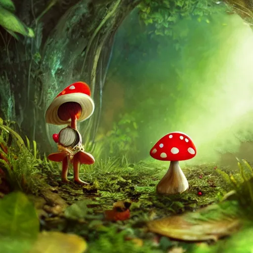 Prompt: Intricate detailed illustration, A small and happy humanoid mushroom frolicking in a lush tropical jungle, 🍄 , cinematic lighting, by Philip Hood, wide angle, volumetric light scattering, 8k, artstation, concept art,