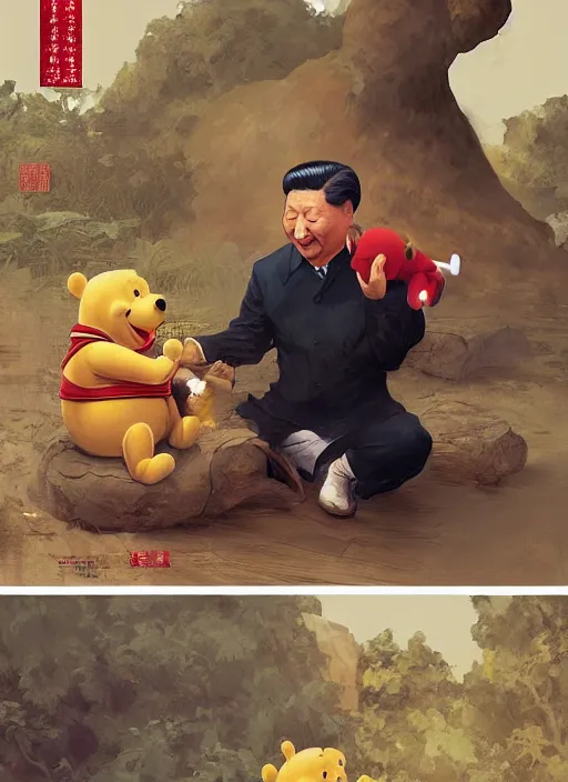 Prompt: portrait of Xi Jinping playing with Winnie the Pooh in a trashy Chinese dirt poor temple, beta weak male, digital painting, concept art, smooth, sharp focus, illustration, from Metal Gear, by Ruan Jia and Mandy Jurgens and William-Adolphe Bouguereau, Artgerm