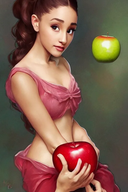 Image similar to beautiful cottagecore Ariana Grande holding a Red Apple, intricate, elegant, highly detailed, digital painting, artstation, concept art, smooth, sharp, focus, illustration, art by artgerm and greg rutkowski and alphonse mucha