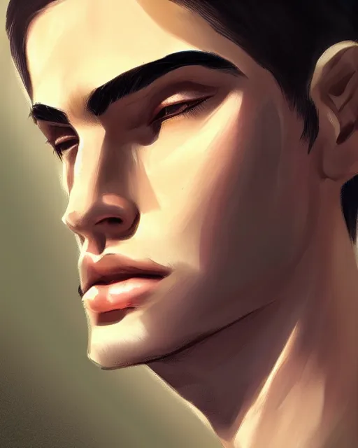 Prompt: face of a masculine young man with thin face lines, have long brown hair and green eyes, very beautiful portrait, low angle, realistic anime style and perfect art, trending on artstation, good and dramatic lighting