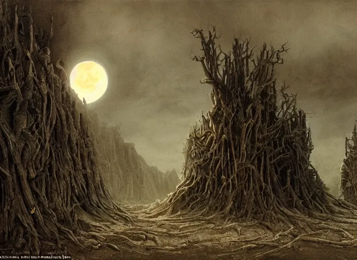 Image similar to a dramatic matte painting of The Tomb in the dystopian landscape is opening through the ground, the dead has arisen under the glowing moon, dead trees and a brooding landscape by Giger and Dariusz Zawadzki and Beksinski