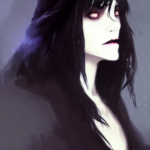 Image similar to female human vampire witch in the style of greg rutkowski, makoto shinkai, trending on artstation, character design, concept art, pretty face, highly detailed, long black hair, portrait, digital art