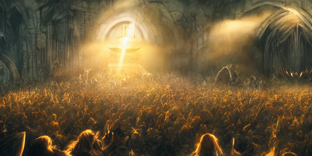 Image similar to ambience, atmosphere, sunbeams, concept art for sauron playing rock guitar concert to a crowd of orcs, lord of the rings, peter jackson, studio ghibli, detailed, realistic lighting, volumetric lighting, golden hour,