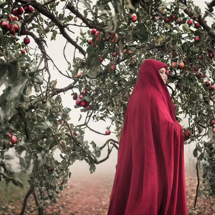 Prompt: a closeup portrait of a woman wearing a cloak made of tangled iridescent ribbon, picking pomegranates from a tree in an orchard, foggy, moody, photograph, by vincent desiderio, canon eos c 3 0 0, ƒ 1. 8, 3 5 mm, 8 k, medium - format print