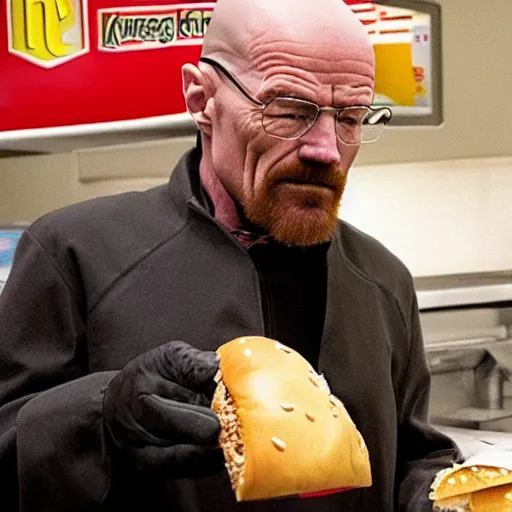 Image similar to walter white robbing a burger king