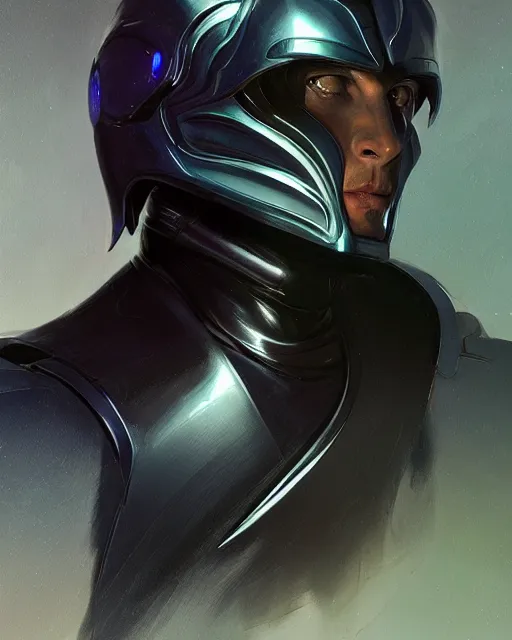 Image similar to character concept of iridescent sinewy smooth lean muscular male sleek glossy indigo black pearlescent scifi armor with continuous smooth black featureless helmet, by greg rutkowski, mark brookes, jim burns, tom bagshaw, magali villeneuve, trending on artstation