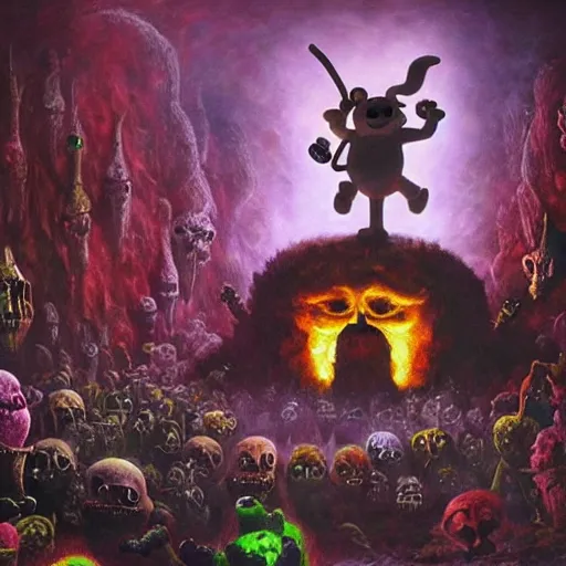 Image similar to teletubby perched atop a throne of skulls, epic dark fantasy oil painting, dimly lit masterpiece, disturbing and evil