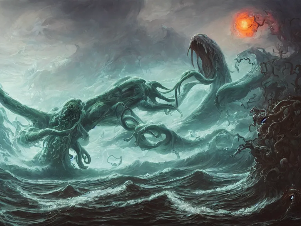 Image similar to oil painting of Cthulhu rising from the ocean, epic scene, gigantic monster, peter mohrbacher