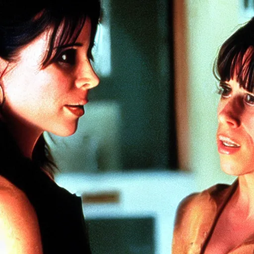 Image similar to High quality movie still of Neve Campbell and Jennifer Love Hewitt in a new throwback 1990s horror film