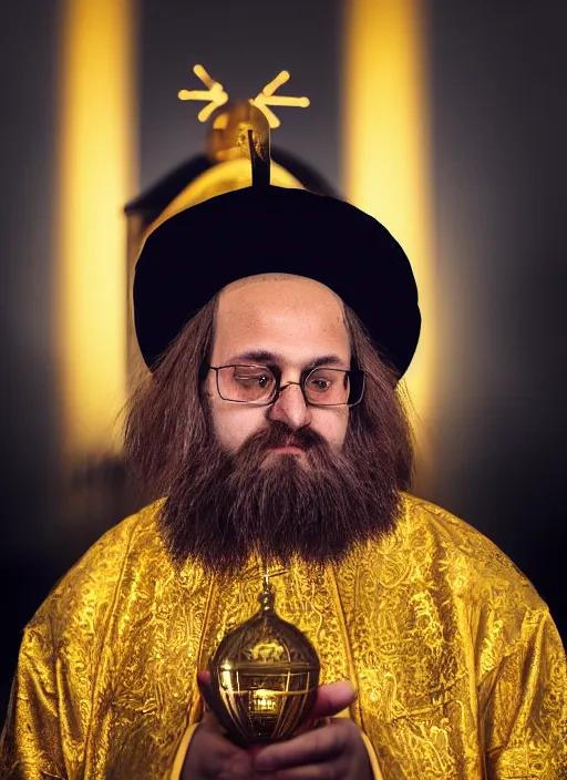 Image similar to orthodox priest in golden clothes with cute caracal head, wearing vr, in orthodox church, orthodox icons, volumetric lighting, night, darkness, atmospheric, ambients, dramatic, noir, blur, bokeh, cinematic, depth of field, 8 0 mm, f 1. 8