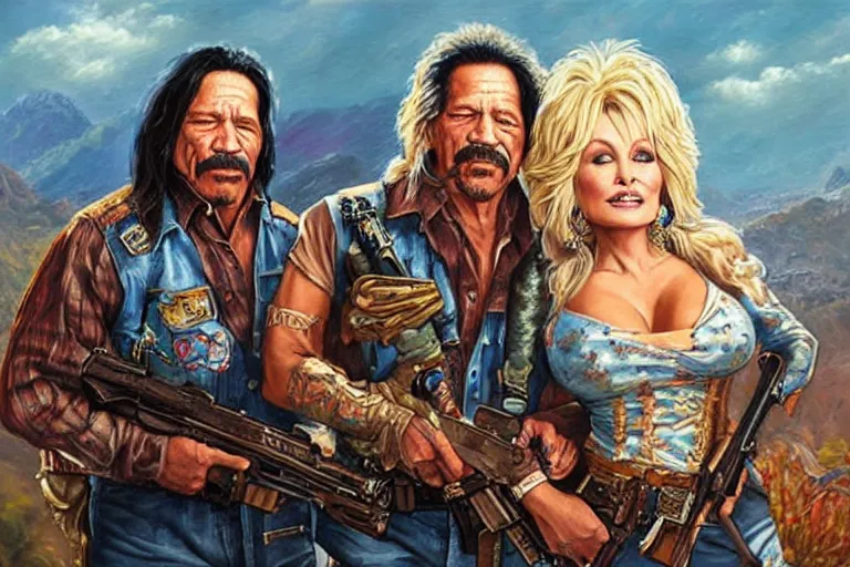 Prompt: portrait of dolly parton and danny trejo with guns fighting a drug cartel, an oil painting by ross tran and thomas kincade