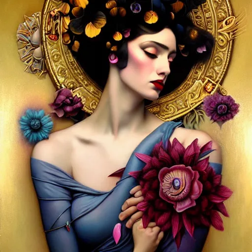 Image similar to dynamic composition, a painting of a woman with hair of flowers and raven plummage wearing ornate earrings, a surrealist painting by tom bagshaw and jacek yerga and tamara de lempicka and jesse king, featured on cgsociety, pop surrealism, surrealist, dramatic lighting, wiccan, pre - raphaelite, ornate gilded details