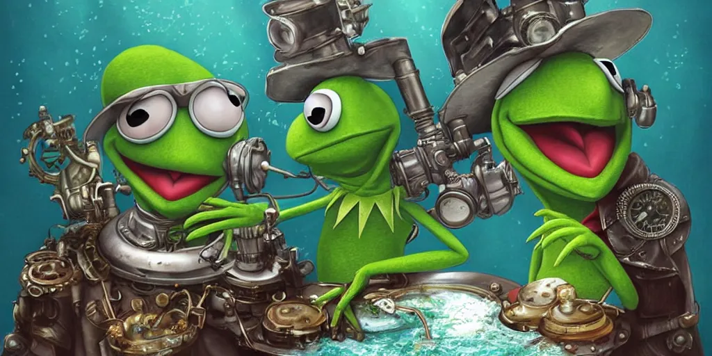 Prompt: digital art, trending on artstation, pin ups of kermit the frog in an underwater steam punk world