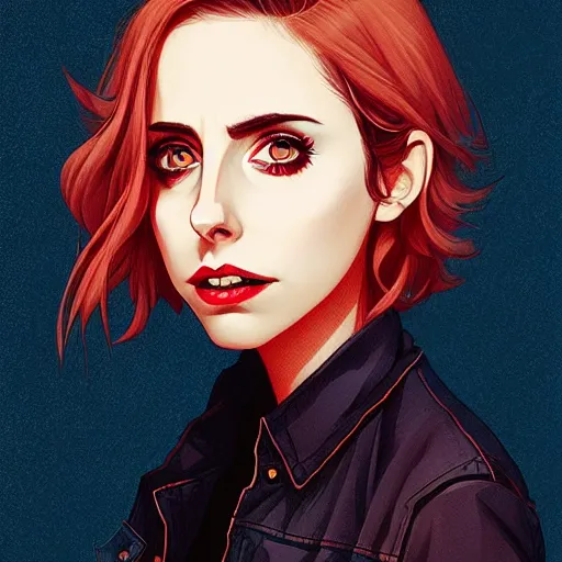 Prompt: loish, artgerm, Joshua Middleton art, pretty female Alison Brie serial killer holding bloody knife in right hand, blood on clothes and face, sarcastic smile, symmetrical eyes, symmetrical face, jean jacket, jeans, short blonde hair, middle shot, night time, deep blacks