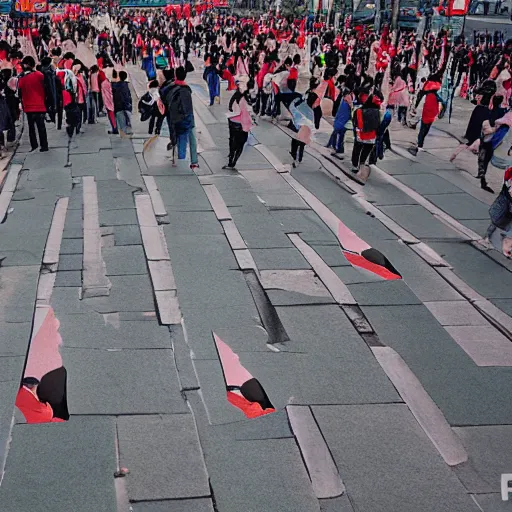 Image similar to beijing photograph cutouts of chinese protesters laying flat litter the streets of beijing, hyperreal - h 6 4 0