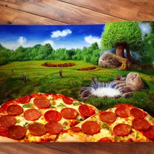 Image similar to highly detailed, high resolution, hyper realistic, 8 k, trending on artstation, landscape nature painting, trees made out of pizza, ground is made of cheese and pepperoni, waterfall made of marinara sauce, clouds are bell peppers, mushrooms