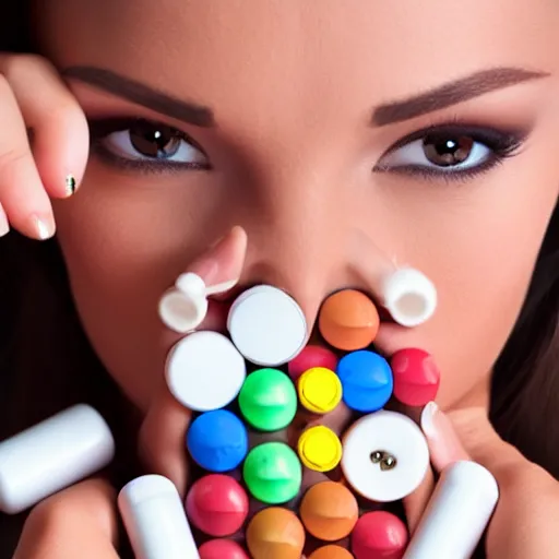 Image similar to a beautiful female model surrounded by pills