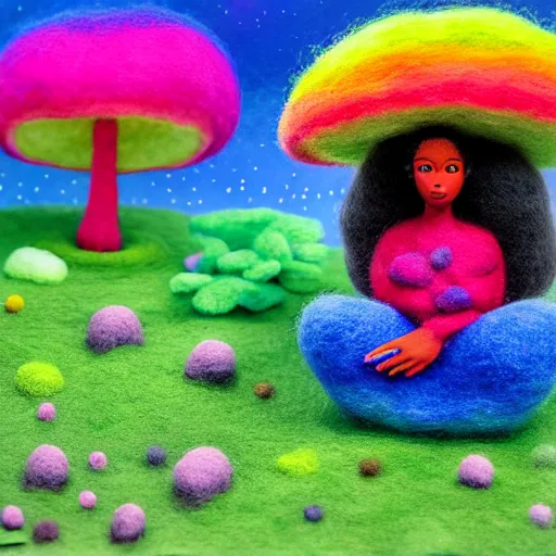 Image similar to a black girl with a colorful afro and big beautiful eyes meditating in a rainbow magic mushroom zen garden, bokeh, bright colors, synthwave, watercolor, volumetric wool felting, felt, macro photography, children illustration, by goro fujita