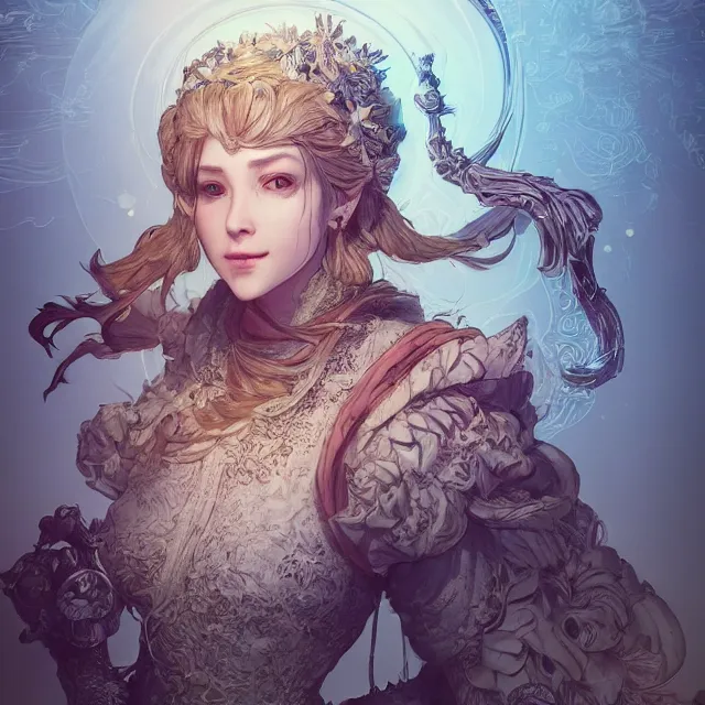 Image similar to the portrait of neutral good female cleric bard as absurdly beautiful, gorgeous, elegant, sophisticated happy woman, an ultrafine hyperdetailed illustration by kim jung gi, irakli nadar, intricate linework, sharp focus, bright colors, octopath traveler, final fantasy, unreal engine 5 highly rendered, global illumination, radiant light, detailed and intricate environment