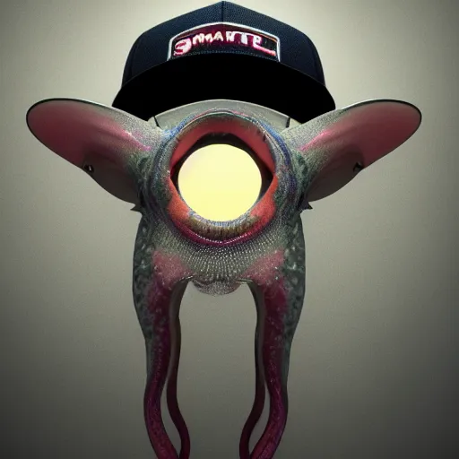 Image similar to hyperrealistic dslr film still of amorphous squid wearing a trucker hat, stunning 8 k octane comprehensive 3 d render, inspired by istvan sandorfi & greg rutkowski & unreal engine, perfect symmetry, dim volumetric cinematic lighting, extremely hyper - detailed, extremely lifelike attributes & lifelike texture, intricate, masterpiece, artstation, stunning