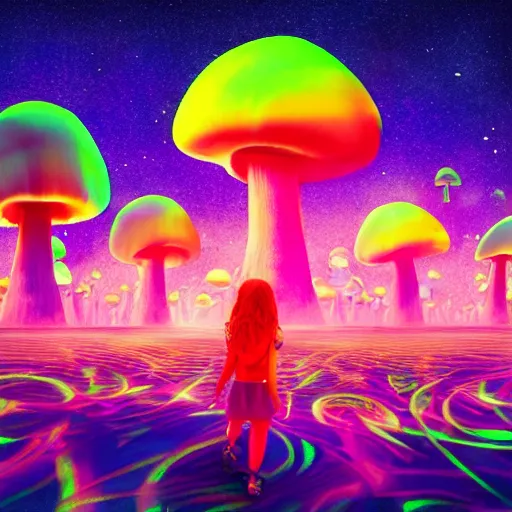 Image similar to Little girl wandering among many giant glowing mushroom clouds, Neon colors, psychedelic art, trippy, 4k, HQ, Trending on Artstation