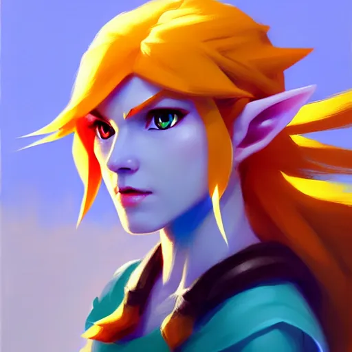 Image similar to portrait of a female Link from legend of Zelda, medium shot, asymmetrical, profile picture, Organic Painting, sunny day, Matte Painting, bold shapes, hard edges, street art, trending on artstation, by Greg Manchess and Huang Guangjian and Gil Elvgren and Sachin Teng