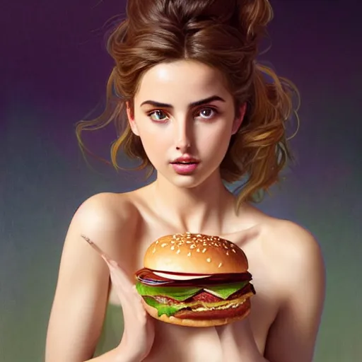 Prompt: portrait of ana de armas eating hamburgers, extra onions and ketchup, luscious patty with sesame seeds, feminine ethereal, handsome, d & d, fantasy, intricate, elegant, highly detailed, digital painting, artstation, concept art, matte, sharp focus, illustration, art by artgerm and greg rutkowski and alphonse mucha