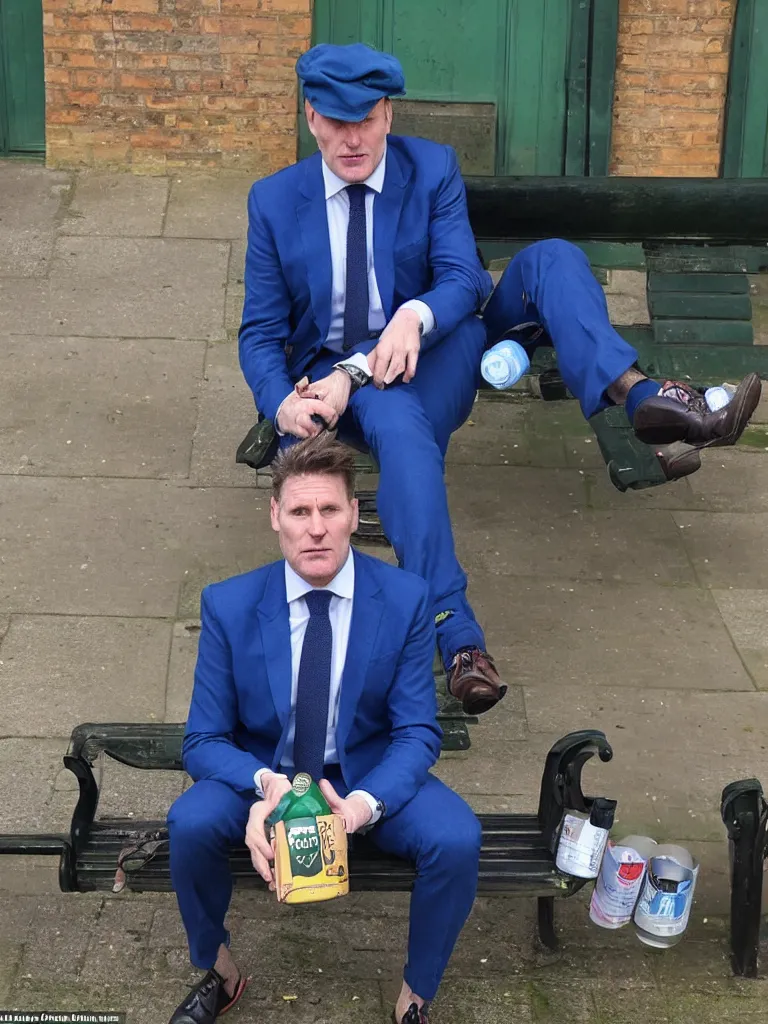 Image similar to Sir Kier Starmer in a blue suit wearing a flat cap on his head sitting on a bench alone holding a large plastic green bottle of cider, at his feet are empty cans and bottles