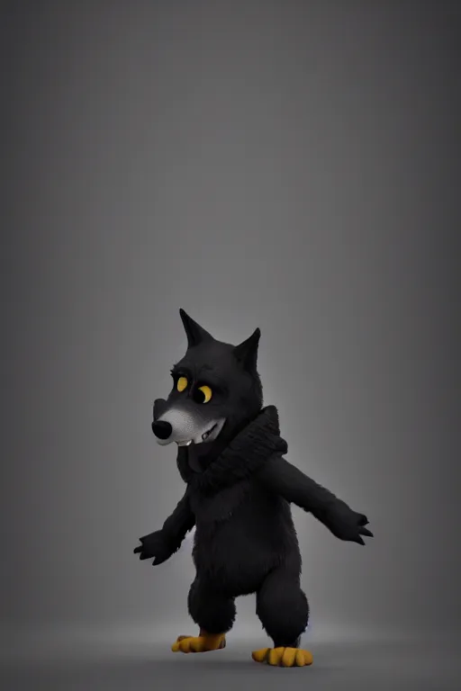 Image similar to a wolf wearing a black hoodie, Pixar style, 3D render, octane render, unreal engine 5, path tracing, cute, Disney style, 4K, natural lighting, high quality, highly detailed, low poly,