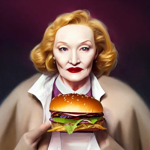 Image similar to portrait of Marlene Dietrich eating hamburgers, extra onions and ketchup, luscious patty with sesame seeds, feminine ethereal, handsome, D&D, fantasy, intricate, elegant, highly detailed, digital painting, artstation, concept art, matte, sharp focus, illustration, art by Artgerm and Greg Rutkowski and Alphonse Mucha